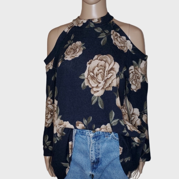 1.4.3. Story by Line Up Tops - Navy Floral Print Cold Shoulder Long Sleeves Blous